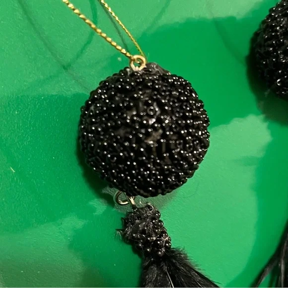 Black beaded ball & feather tassel Christmas ornaments/home decor 4 pieces 7.5” - Picture 11 of 12